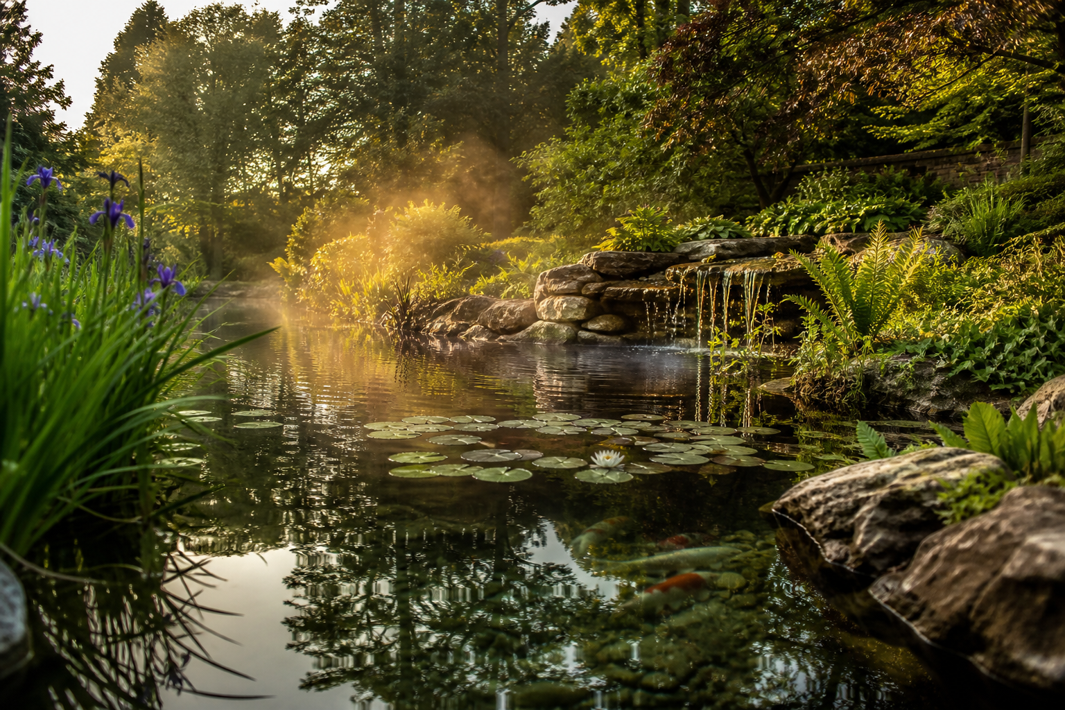 A clear, restored garden pond with a natural stone waterfall